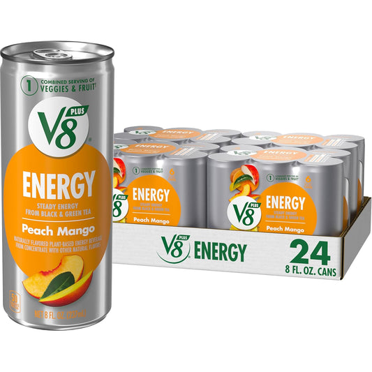 V8 +Energy – Peach Mango Juice with Natural Energy, 8oz Cans, Pack of 24