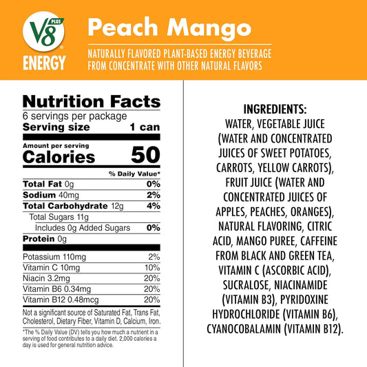 V8 +Energy – Peach Mango Juice with Natural Energy, 8oz Cans, Pack of 24